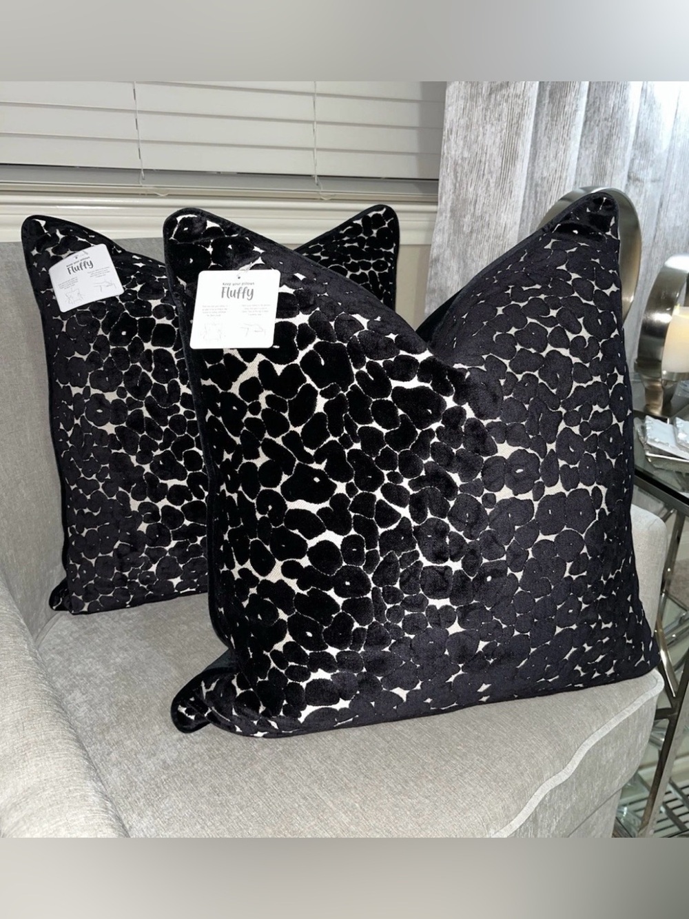 2-NWT CASA DECOR  BLACK LEOPARD CUT VELVET DESIGN DECORATIVE PILLOWS